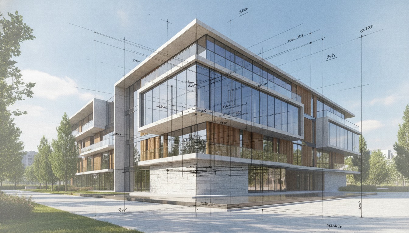 A low-angle shot of a contemporary house addition partially dissolving into wireframe sketch lines against a storm sky.