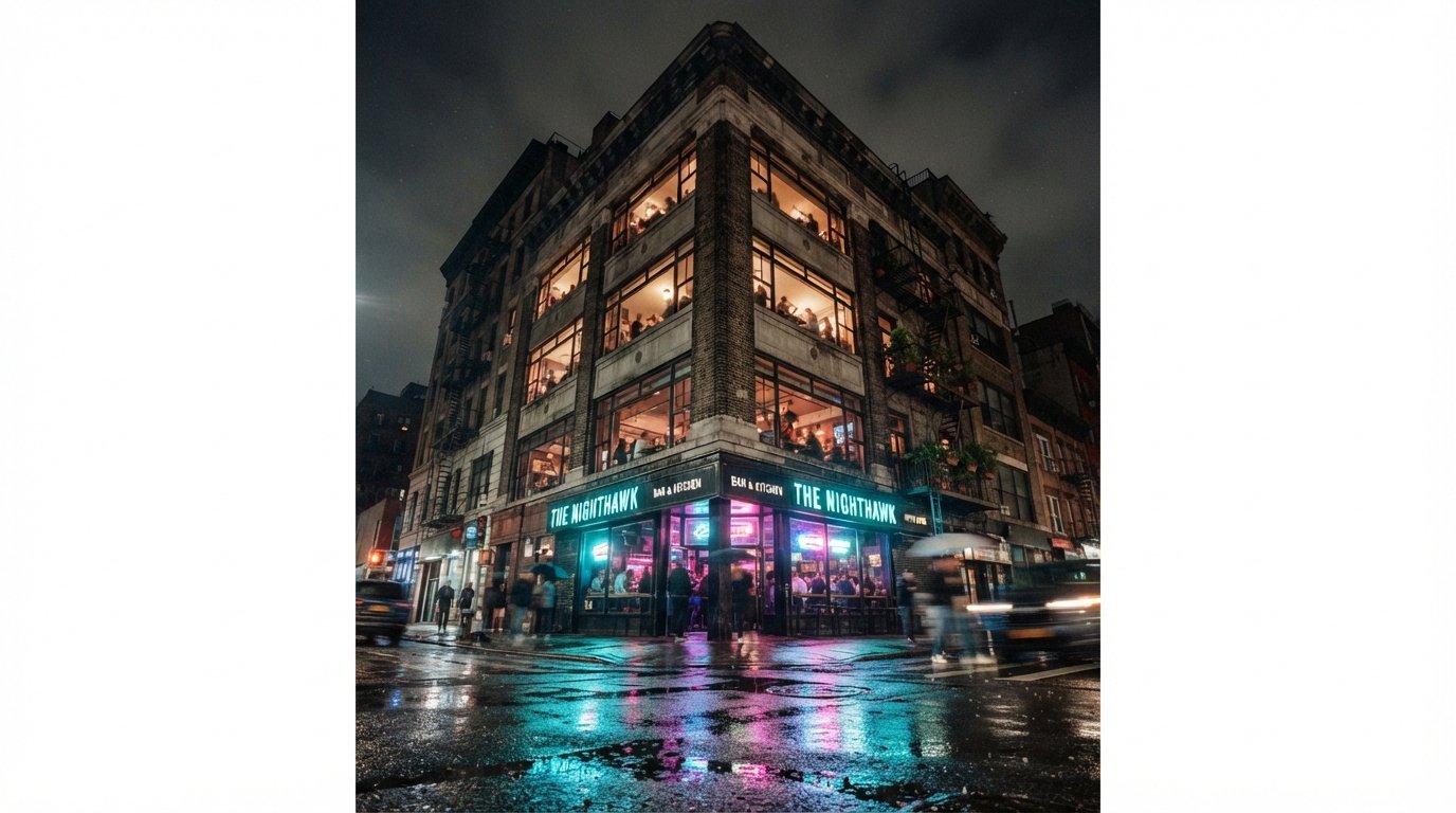 Worm's-eye view of a modern brick mixed-use corner building at night with vivid neon reflections in wet street puddles.