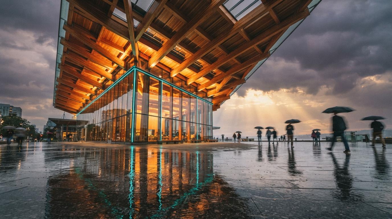 A low-angle view looking up at a glass and timber building reflected in wet plaza pavement during a storm clearing.