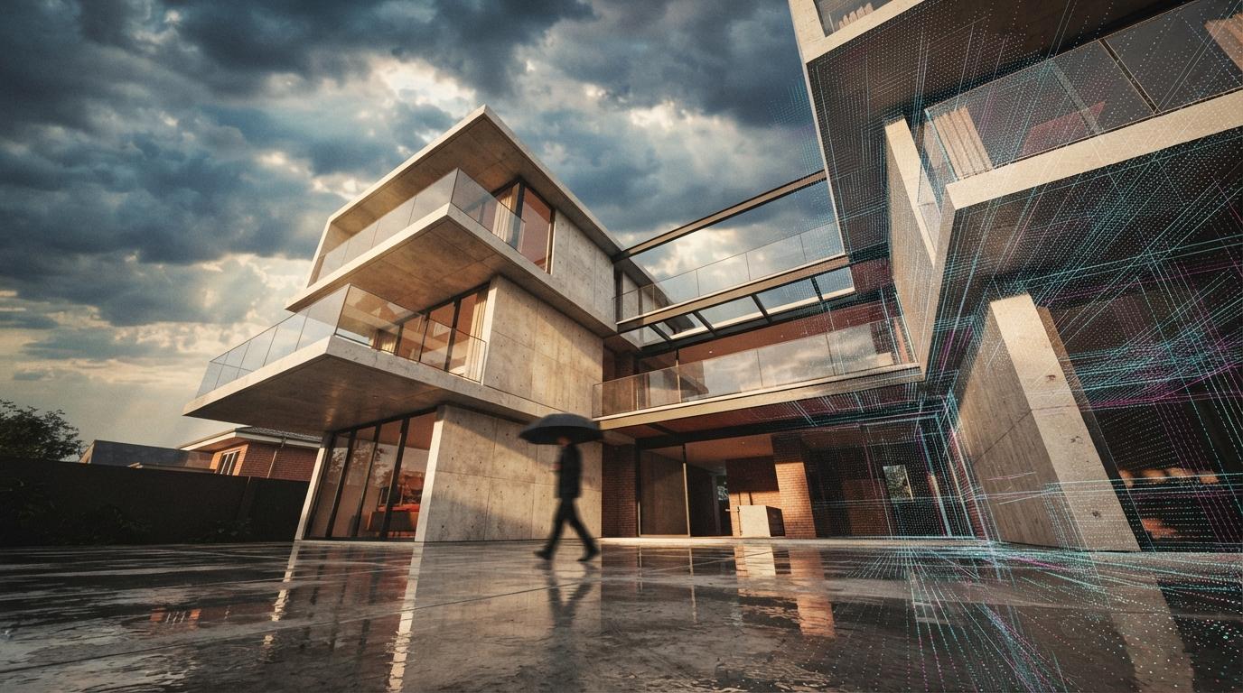 A low-angle photograph of a modern glass and concrete house that disintegrates into a colorful digital point-cloud on one side.