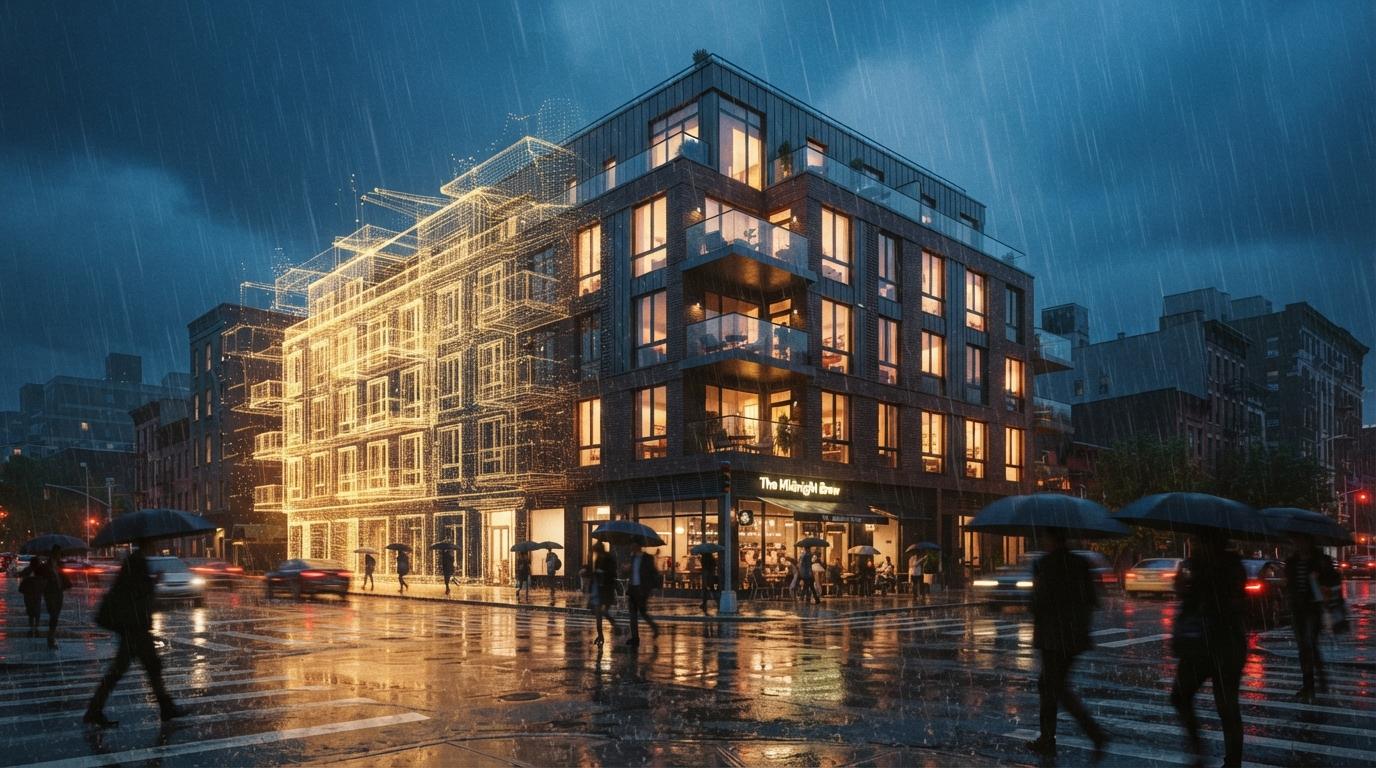 A modern four-story building in a heavy monsoon rainstorm with one side dissolving into a point-cloud model.