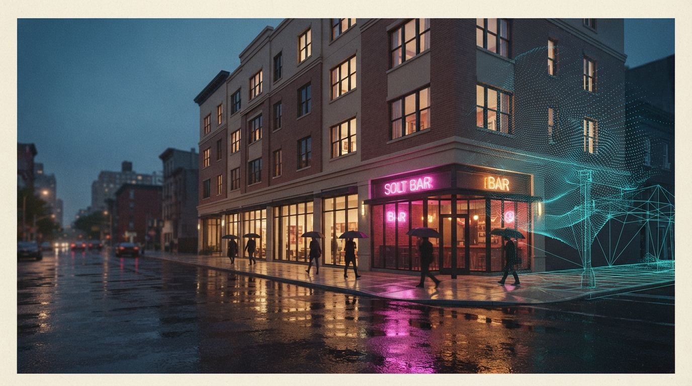 A wet city street at dusk showing a residential mixed-use building with a neon-lit corner bar, where one side of the structure transitions into a wireframe digital model.