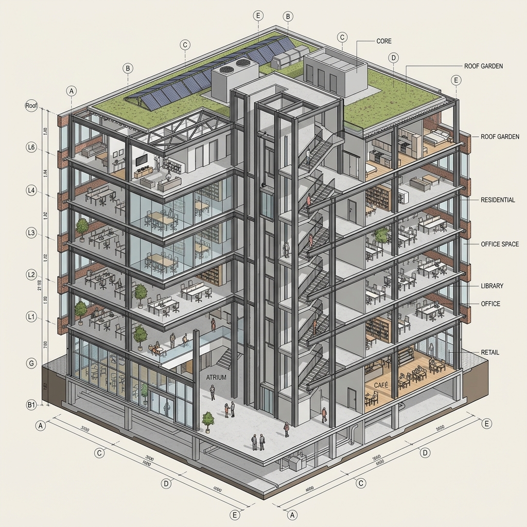 Clean architectural isometric section render of a multi-story BIM building model