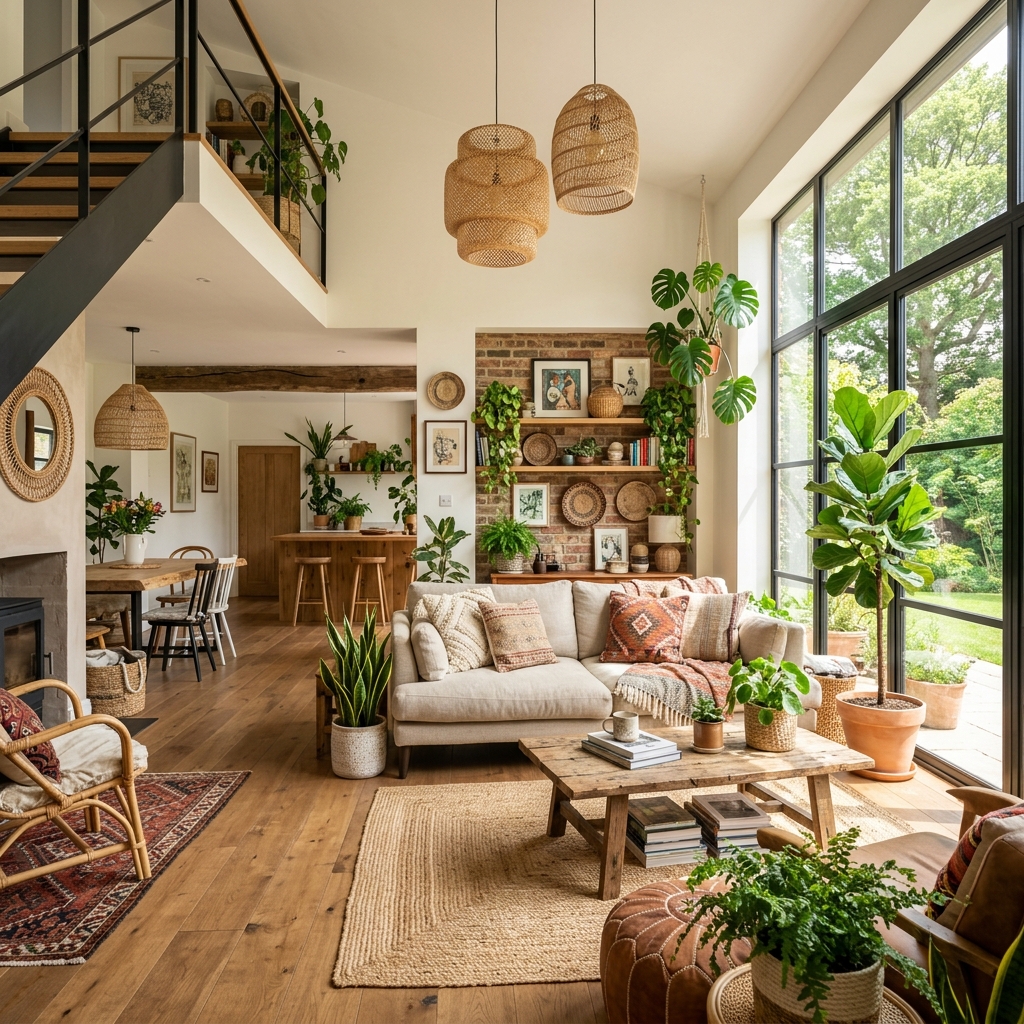 Stunning open-plan interior visualization of a modern bohemian living room