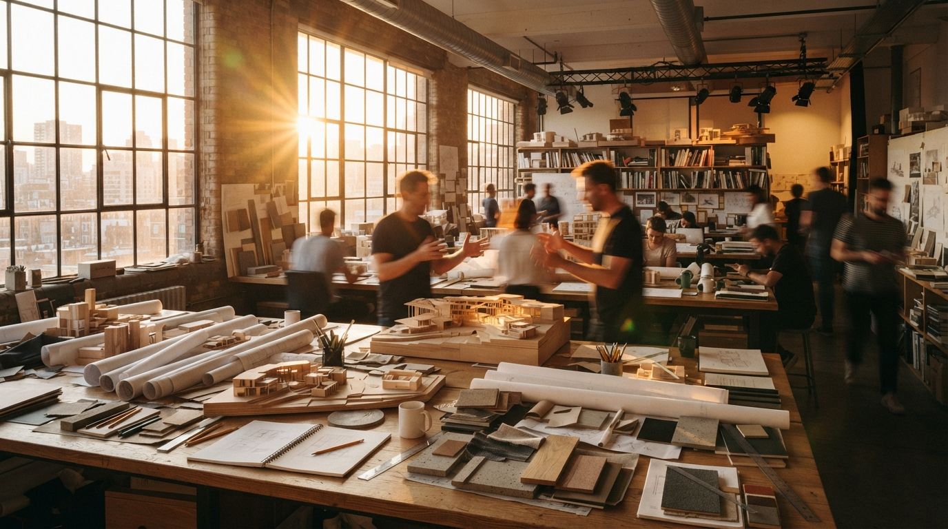 Architects work around physical scale models inside a sunlit studio space during late afternoon.