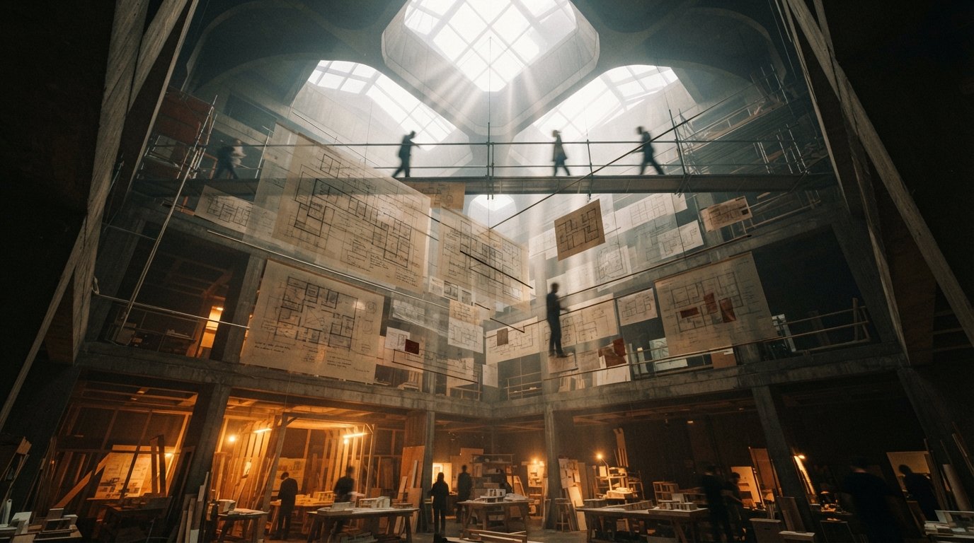 A low-angle photograph looking up through hanging architectural plans inside a foggy concrete atrium.