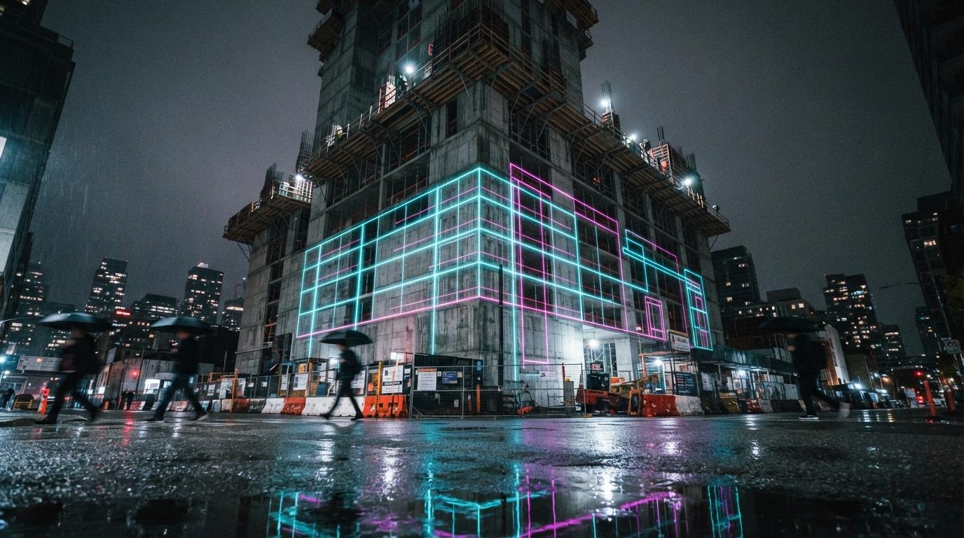 A low-angle view of a mixed-use concrete podium structure illuminated at night by glowing projected massing lines on wet pavement.