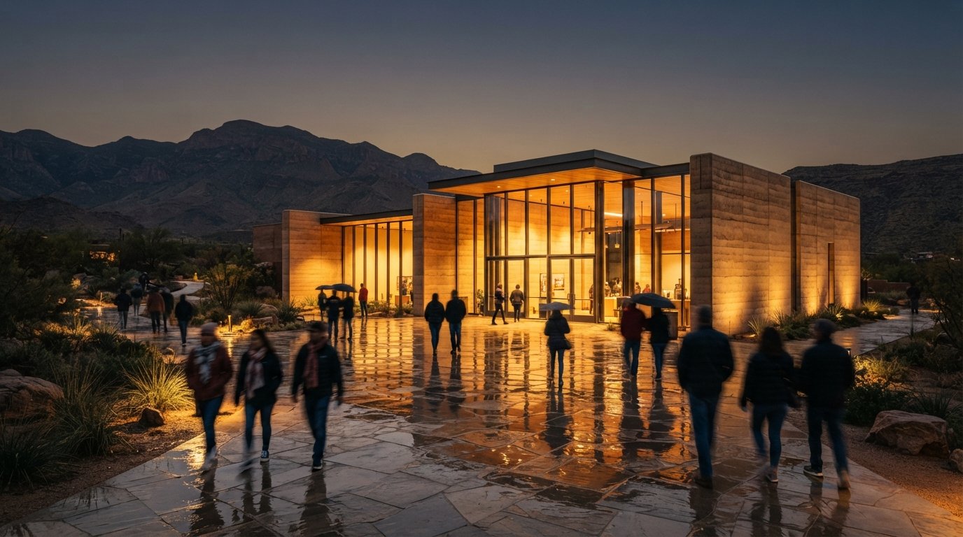 A modern glass and rammed-earth pavilion illuminated at dusk in a desert valley with visitors walking on a stone plaza.