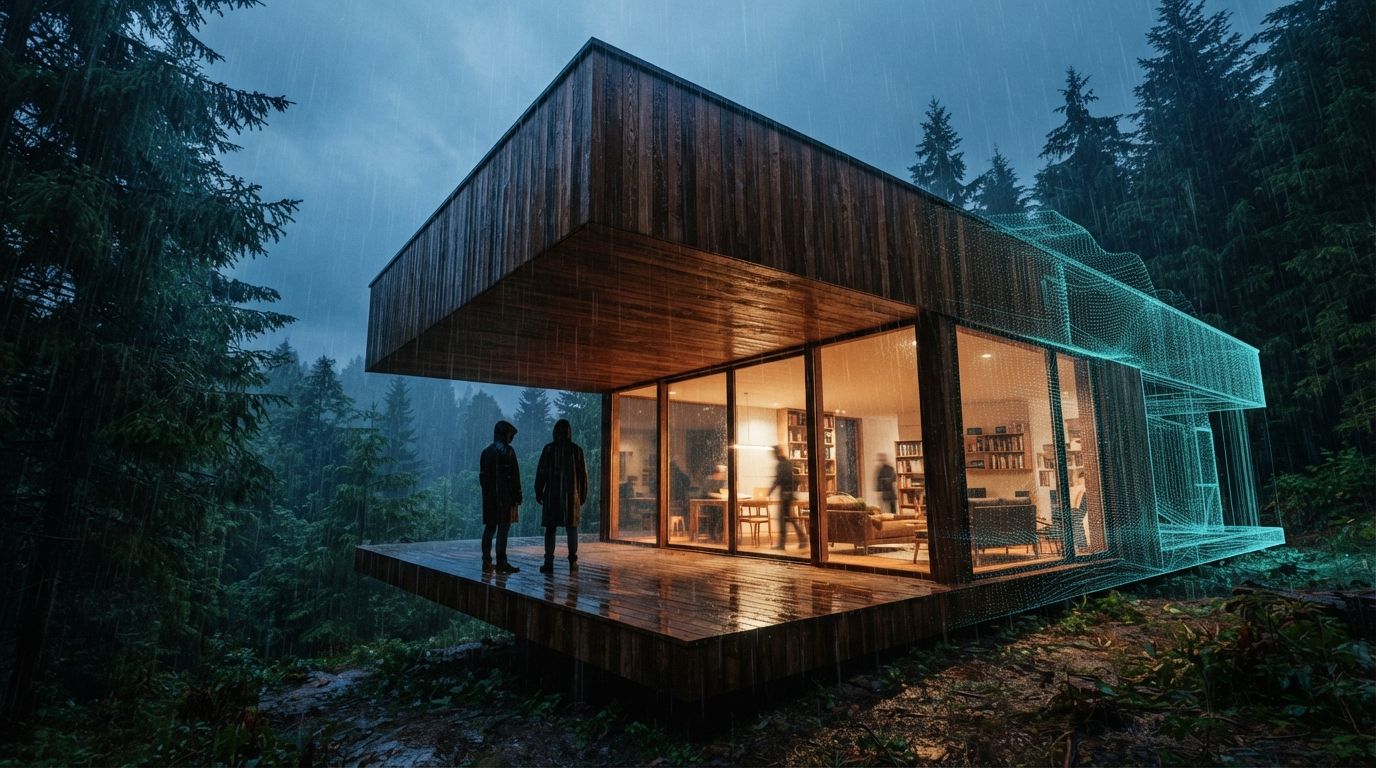 A low-angle shot of a timber residential house during a monsoon storm, with one edge dissolving into a digital point-cloud.