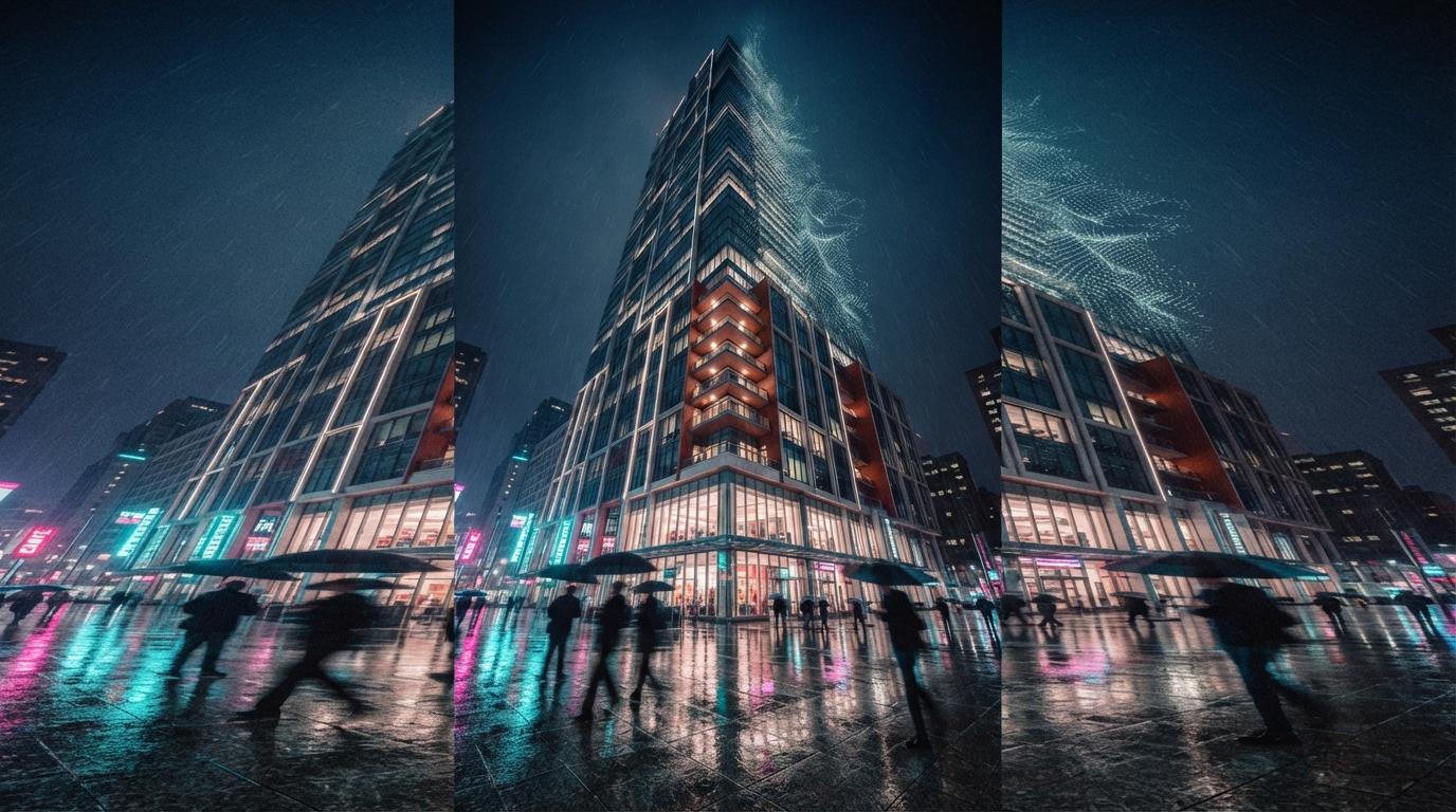 A low-angle nighttime perspective of a modern glass tower reflecting neon light into a rain-slicked plaza.