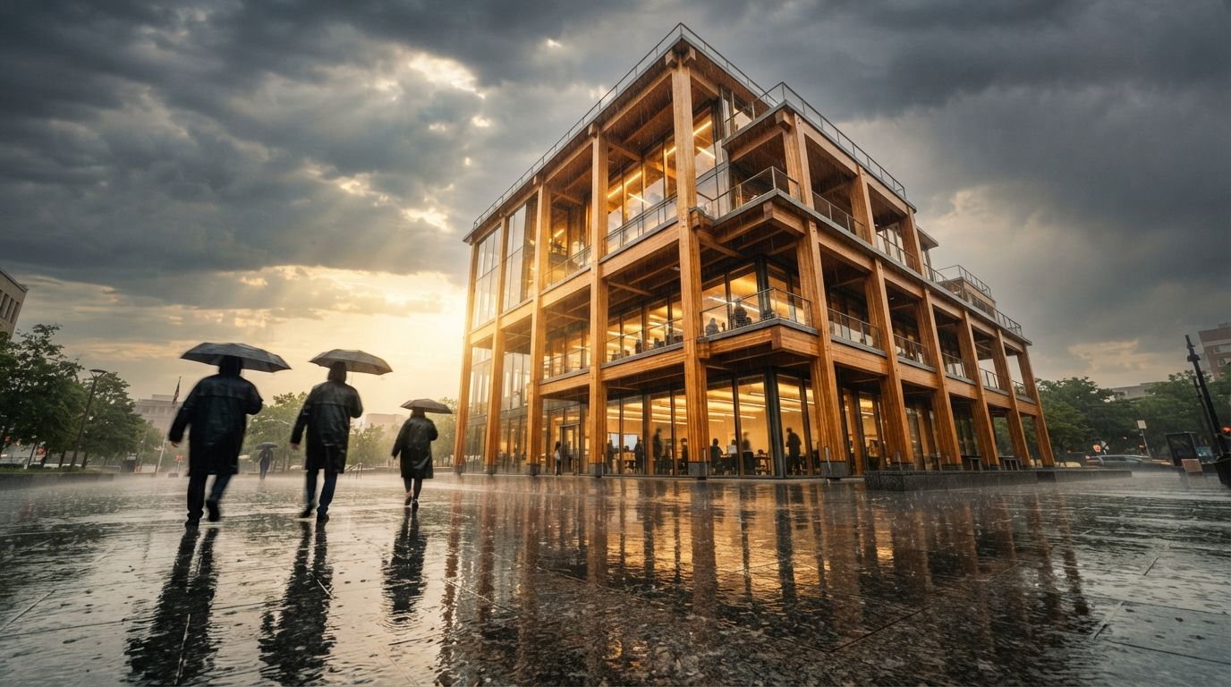 Worm's-eye view of a wet timber building during a clearing storm with dramatic light shafts.