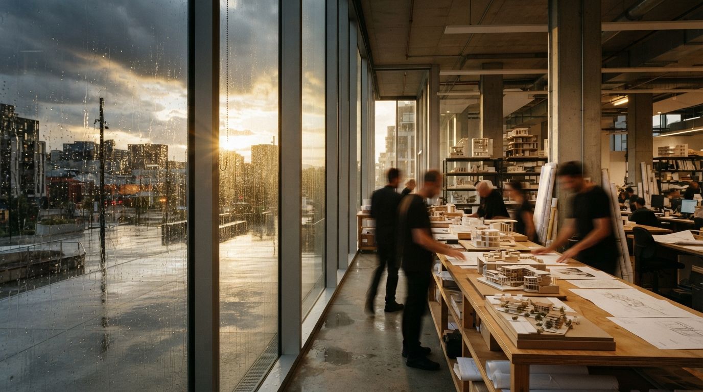 Architects work at a large desk inside a modern office visible through rain-streaked glass as a storm clears outside.
