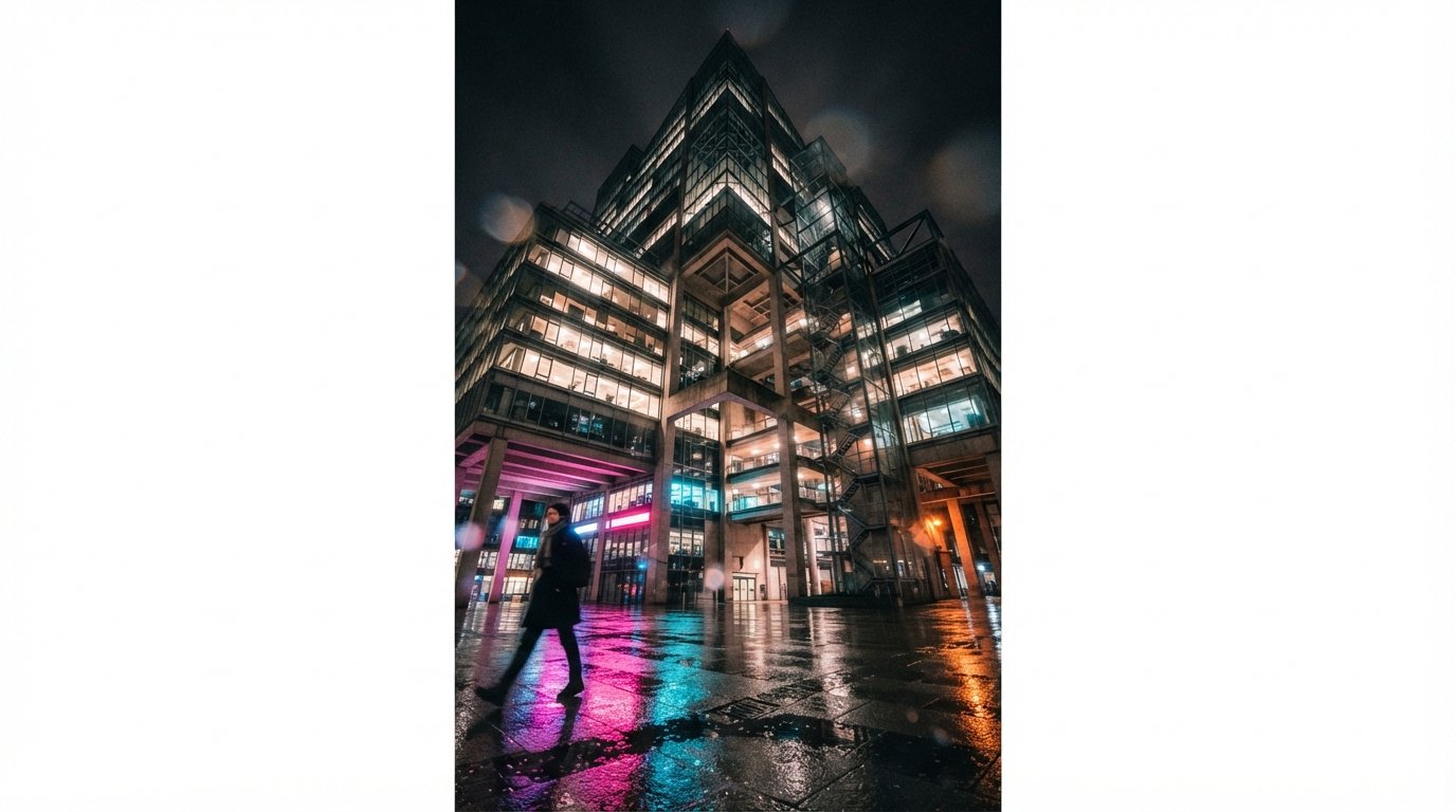 A low-angle night photograph captures vivid neon reflections on wet pavement beneath a modern glass and concrete building facade.