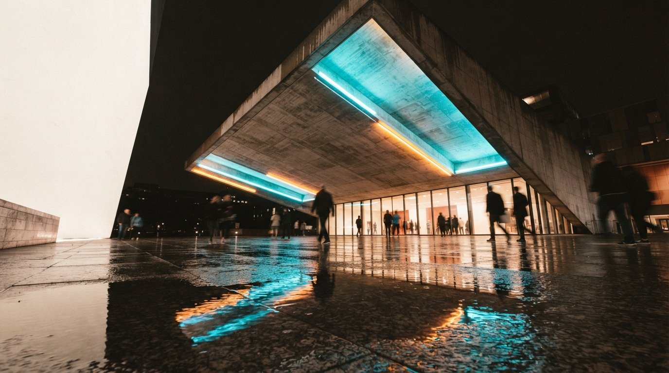 A low-angle night view of a cantilevered concrete building illuminated by vivid artificial lighting and reflected in wet plaza puddles.