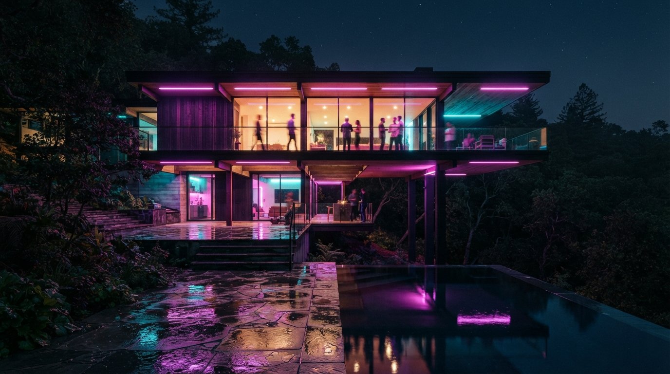 A modern cantilevered house at night illuminated with vibrant neon lights reflected in a pool.