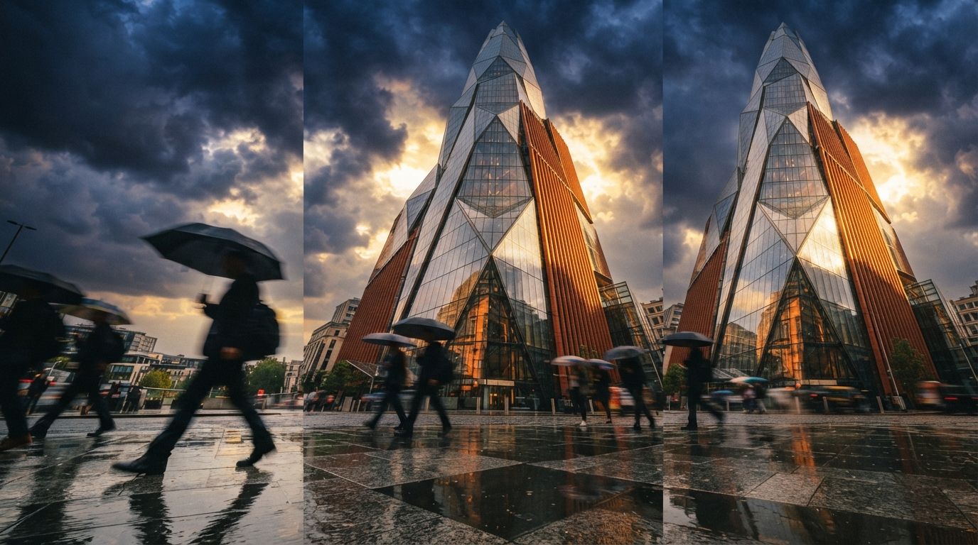 A low-angle perspective looking up at a modern high-rise glass tower during a clearing thunderstorm.