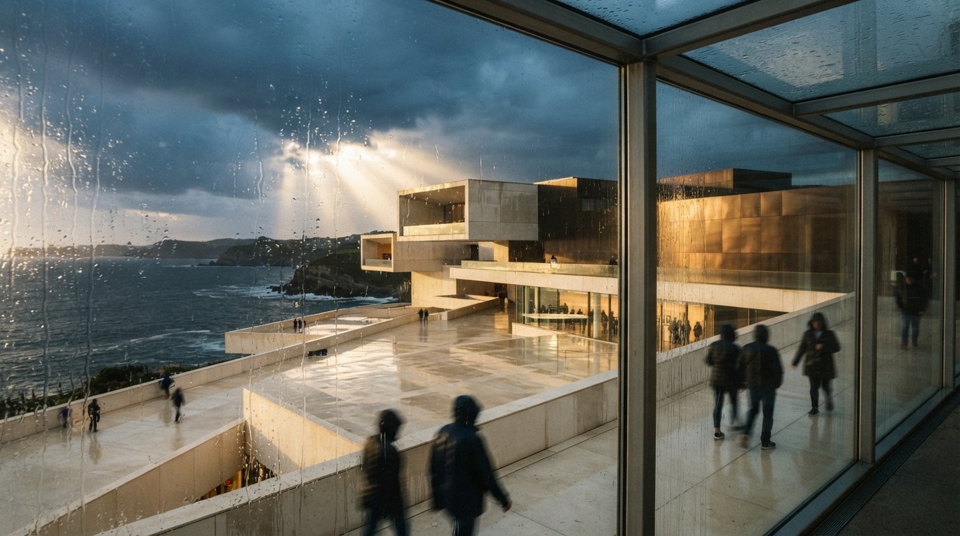 A stormy coastal museum captured through rain-speckled glass as sunlight breaks through dark clouds onto wet concrete terraces.