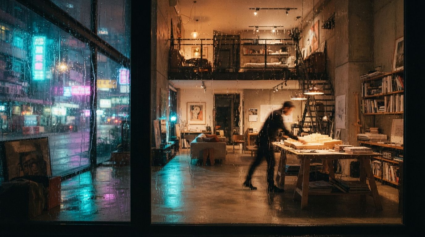 A rainy night view through a glass window looking into a illuminated double-height apartment.