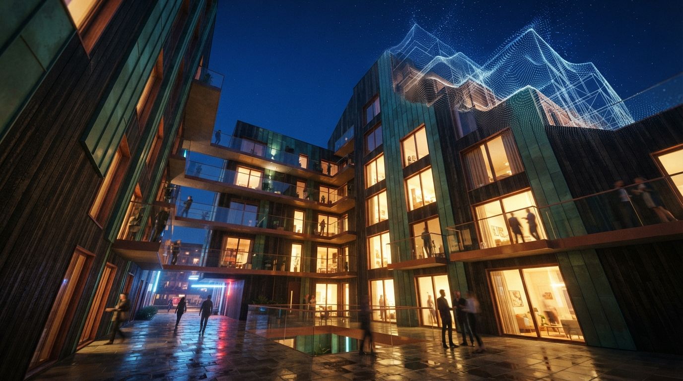 A low-angle view of a modern apartment building with charred wood cladding transitioning into a digital wireframe mesh at night.