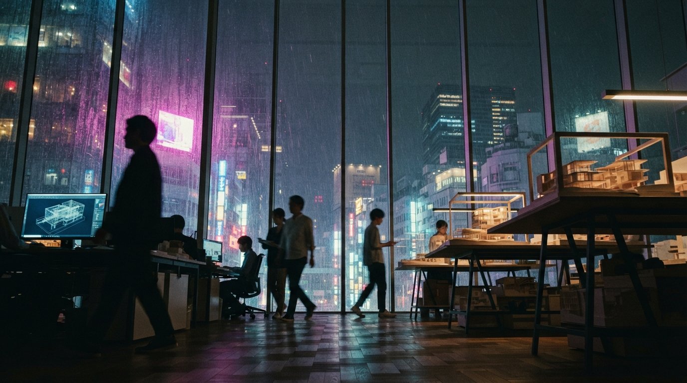 A low-angle interior view of an architectural studio during a night monsoon rainstorm looking out toward vivid city lights.