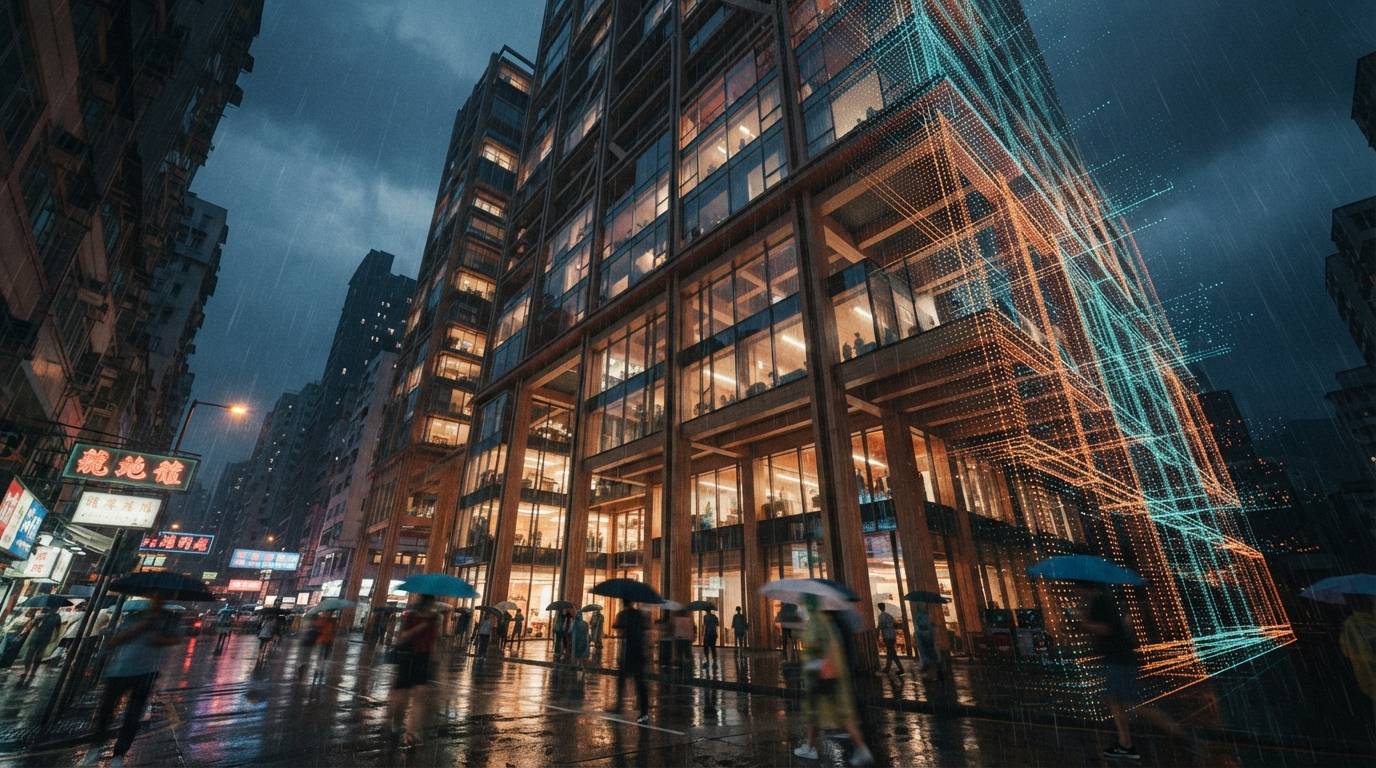 A worm's-eye perspective of a modern mixed-use glass building at night during a rainstorm, with one side dissolving into a glowing wireframe.