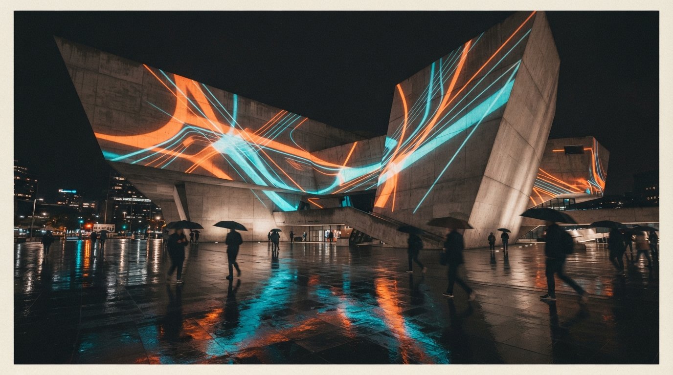 A brutalist concrete building illuminated at night by neon projection patterns reflecting across a rain-slicked plaza.
