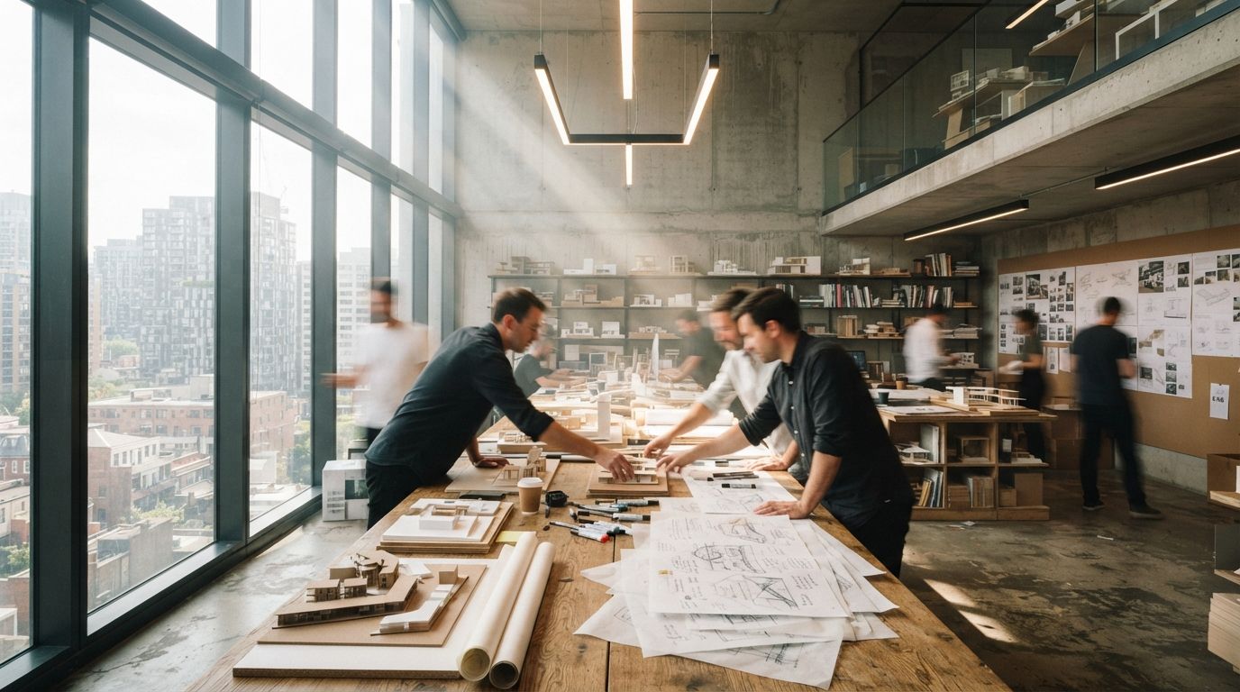 Architects work around a long wooden table with scale models and architectural sketches in a bright studio.