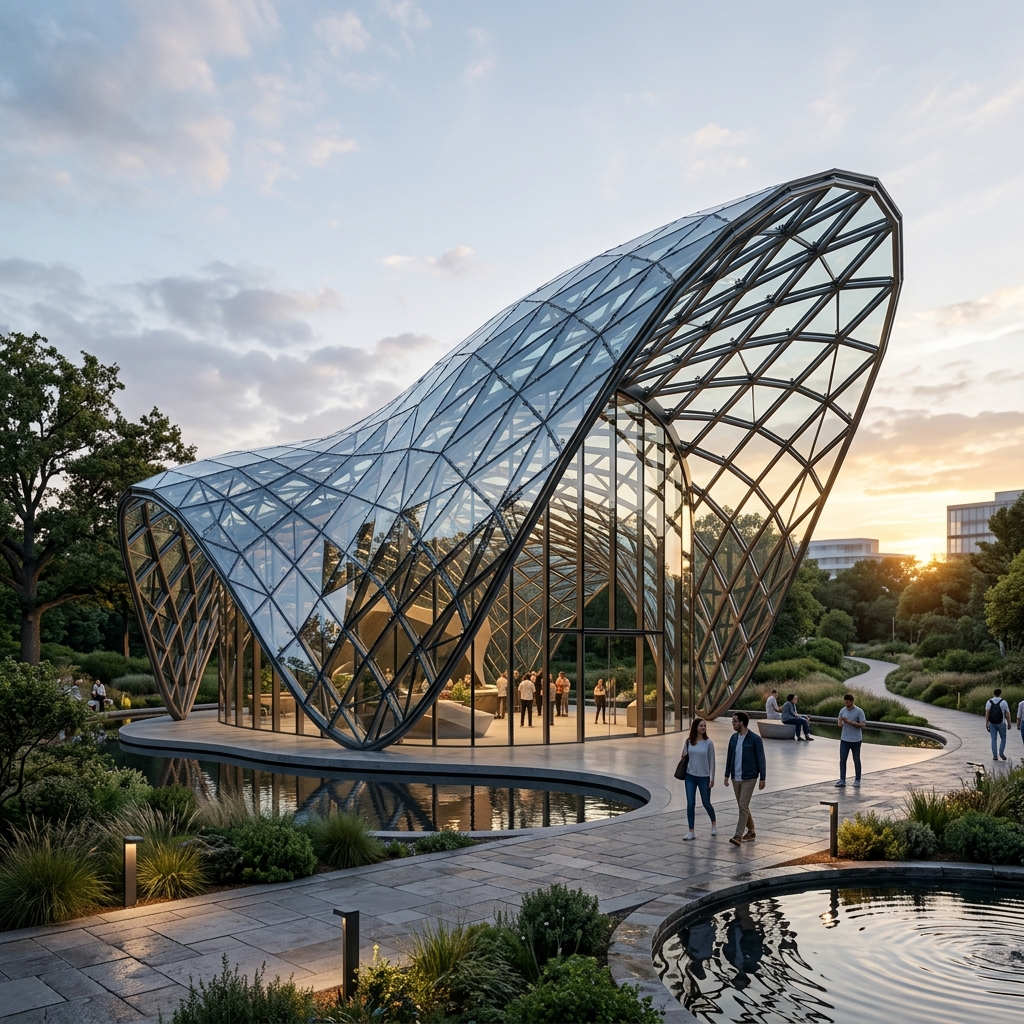 Ultra-realistic exterior rendering of a modern parametric glass pavilion using Chaos Veras