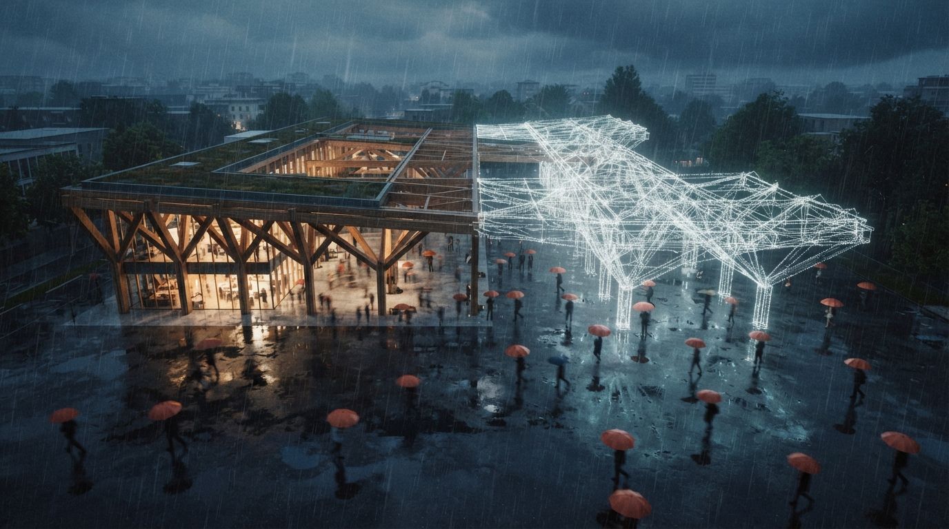 A top-down drone photograph of a cantilevered modern building transitioning into a point-cloud grid in a rain-soaked plaza.