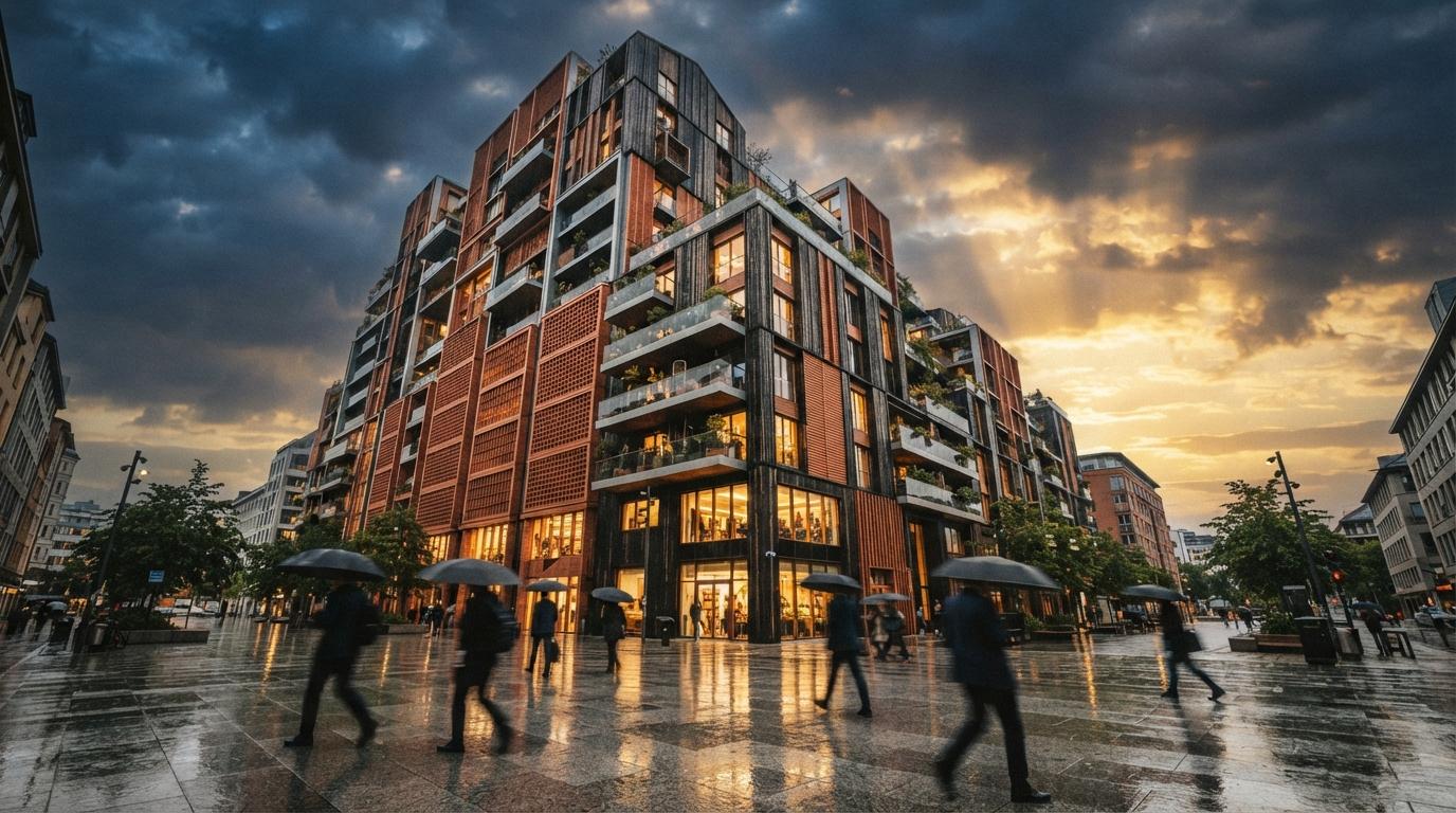 A low-angle view of a contemporary terracotta building reflecting off a wet plaza during a storm clearing.
