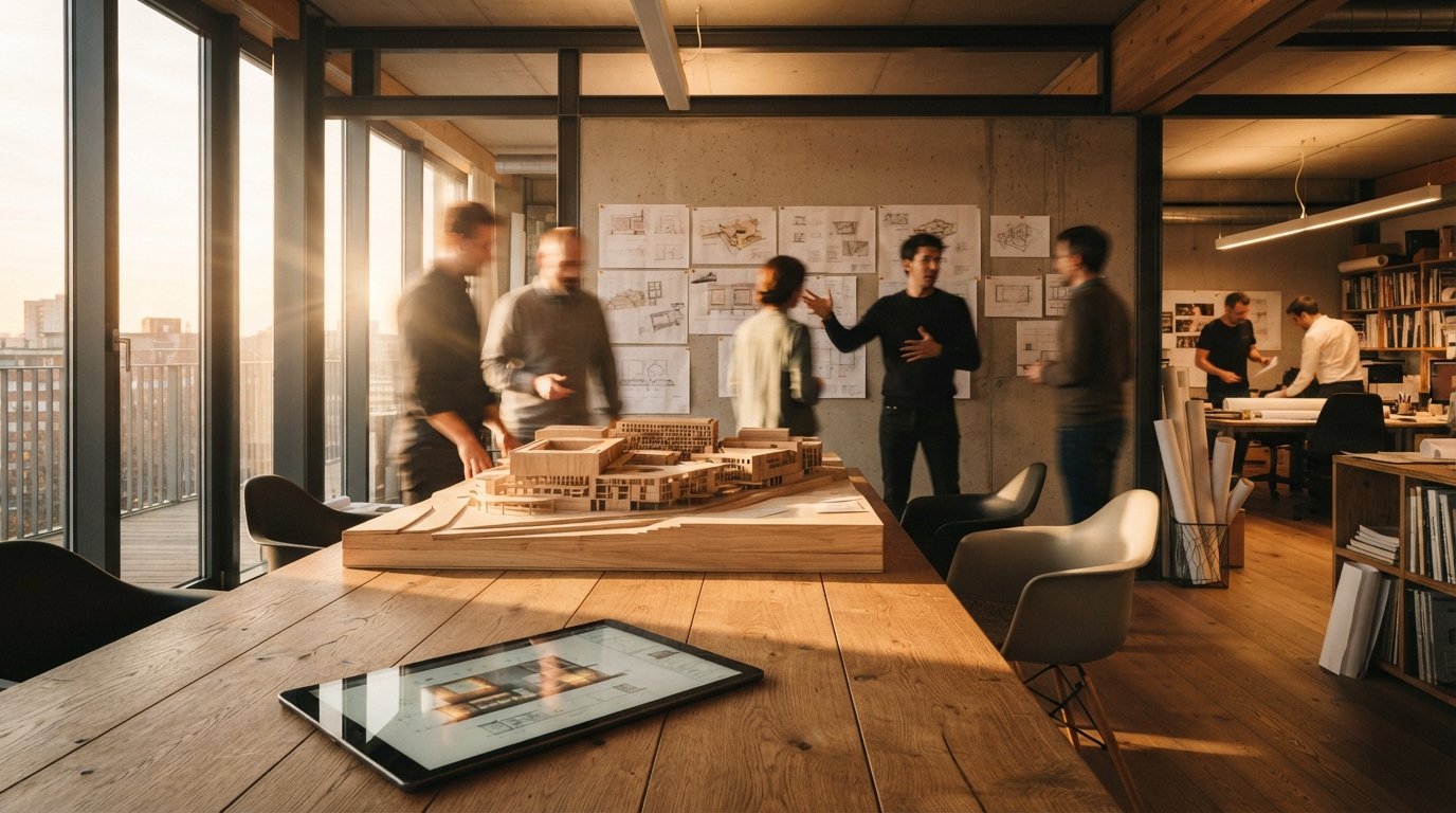 A sunlit architectural conference room with clients and designers gathered around a physical scale model.