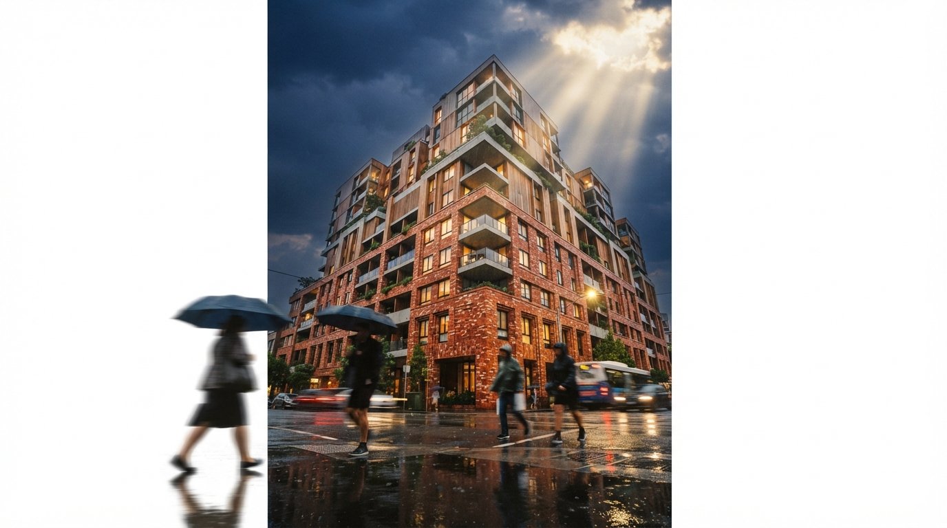 A low-angle view of a wet mid-rise residential building during a storm clearing with sun shafts reflecting off the wet street.
