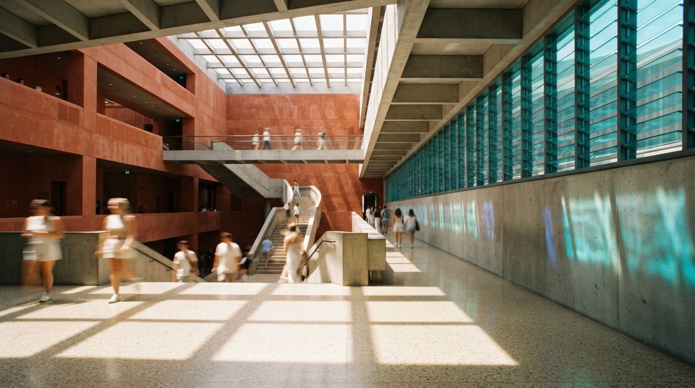 A wide shot of a brightly lit terracotta atrium with deep diagonal shadows and motion-blurred people.