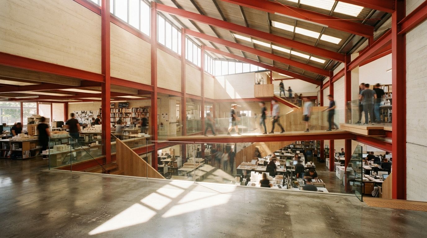 Sunlight streams through the high windows of a modern atrium with bold red structural beams and blurred figures walking on timber bridges.