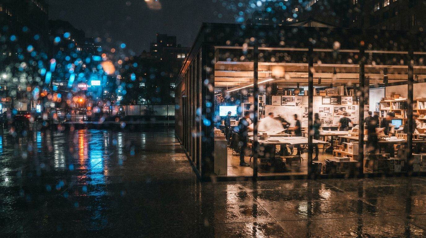 Architects in a glass pavilion work late at night while rain washes over the surrounding neon-lit plaza.