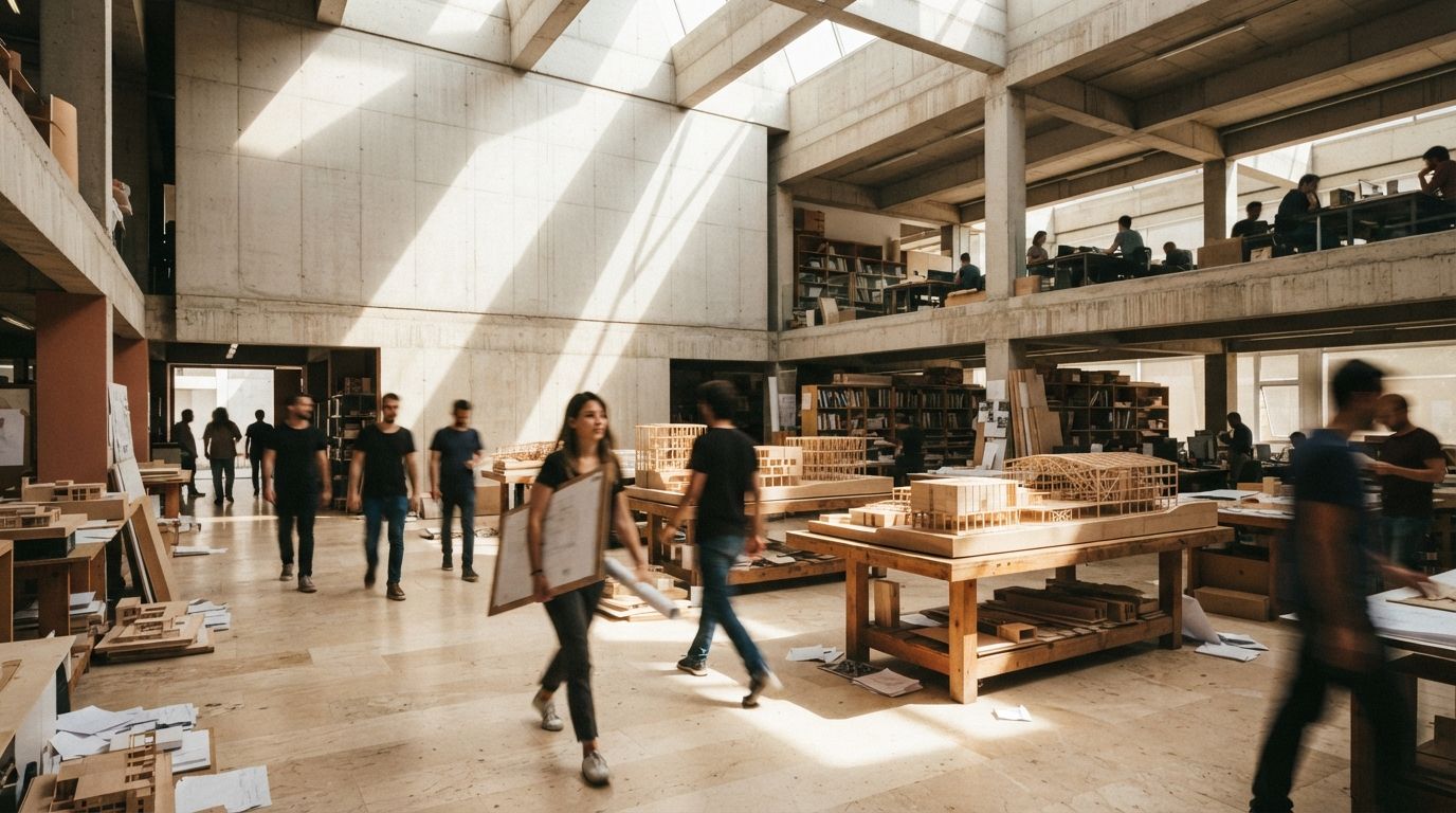 Architects walk through a sunlit concrete studio filled with large scale architectural models.
