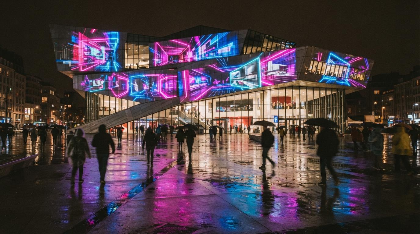 A modern architectural facade illuminated by vivid projection mapping reflects across a rain-soaked urban plaza at night.