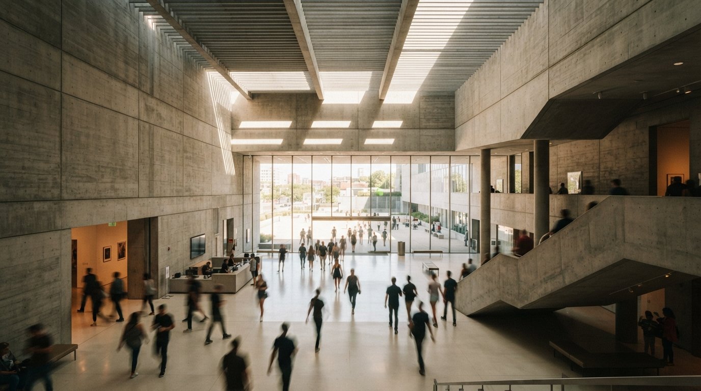 Pedestrians cross a light-filled concrete gallery space illuminated by overhead sunbeams.