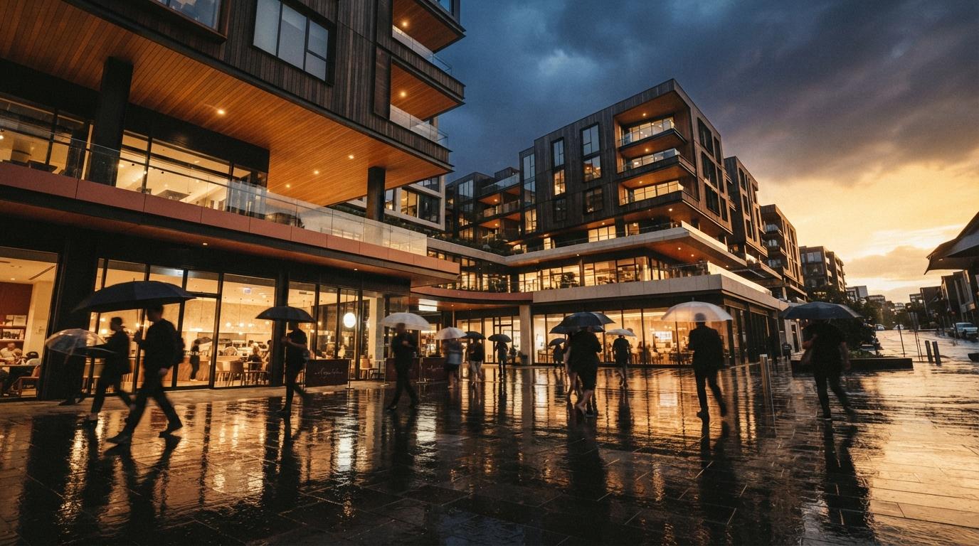 A mixed-use building complex with a wet basalt plaza reflecting golden sunset light after a rainstorm.
