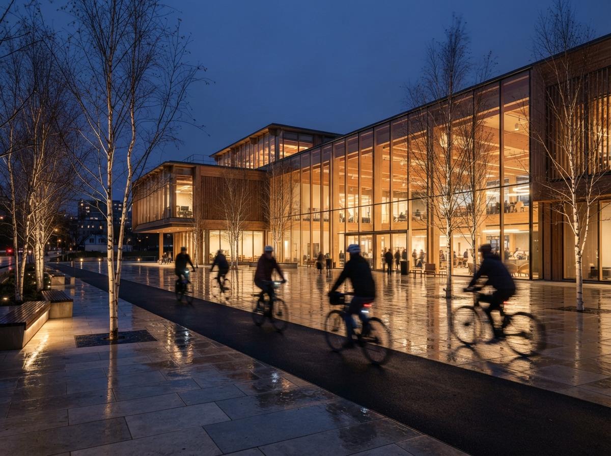 A modern glass and timber civic center render with motion-blurred cyclists along a wet plaza.