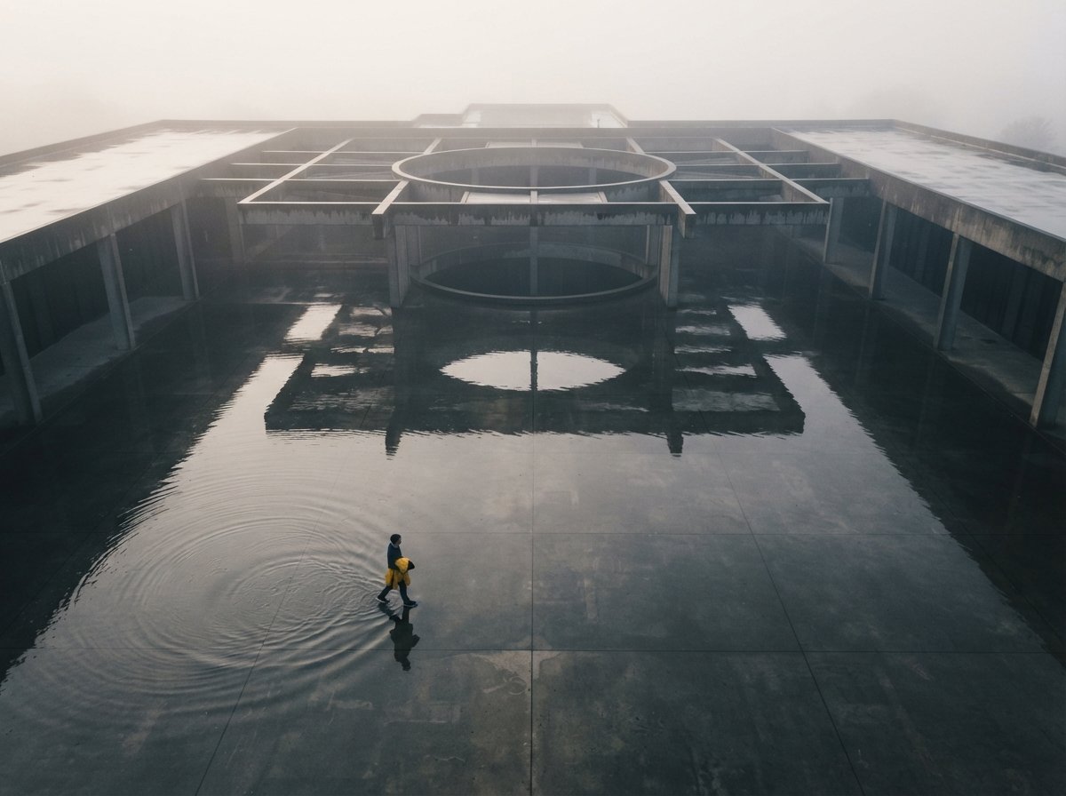 An overhead drone shot of a misty concrete plaza reflected in shallow rainwater at dawn.