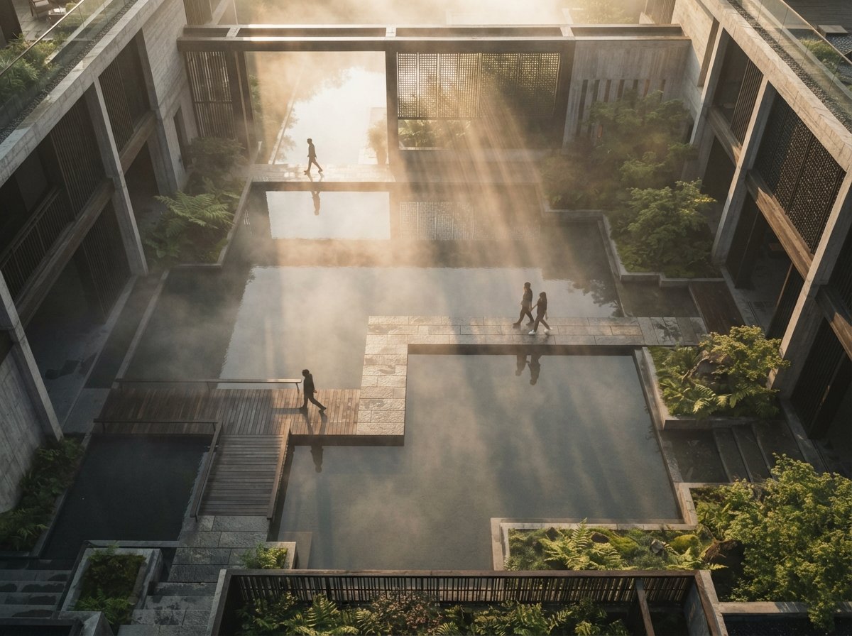 A top-down aerial photograph of a foggy courtyard with reflecting pools and moving silhouettes.
