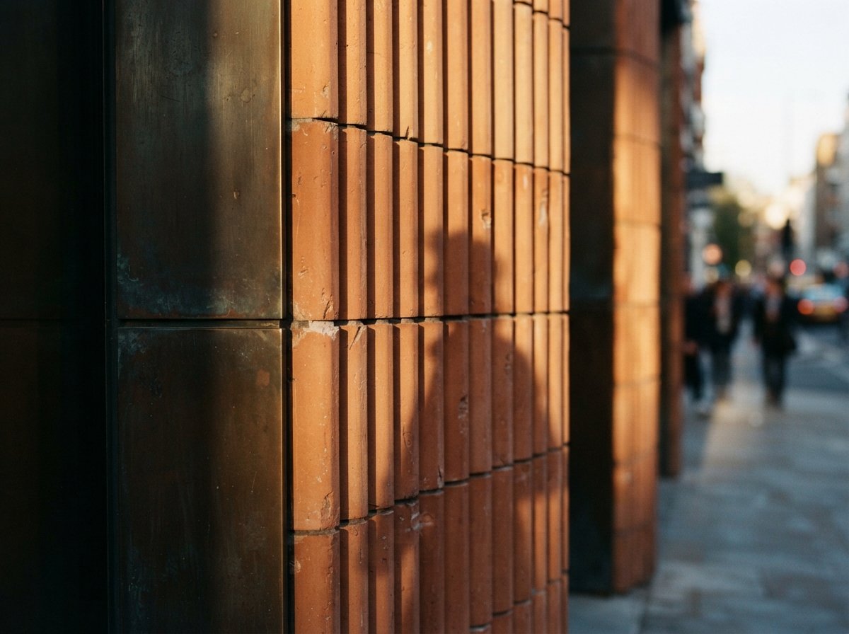 A macro close-up shot of textured terracotta facade panels under sharp golden hour sunlight.