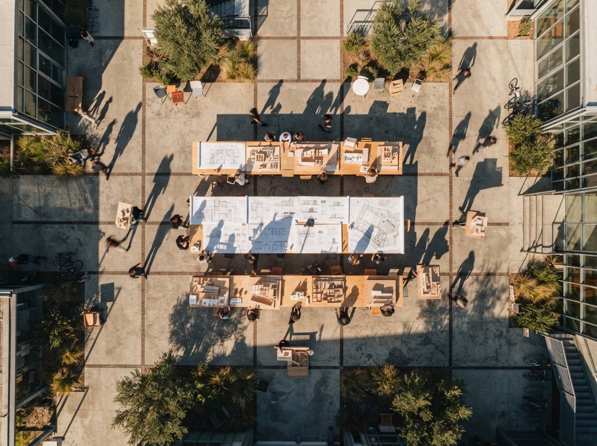 Directly overhead aerial view of architects moving across a sunlit courtyard filled with large paper plans and physical models.