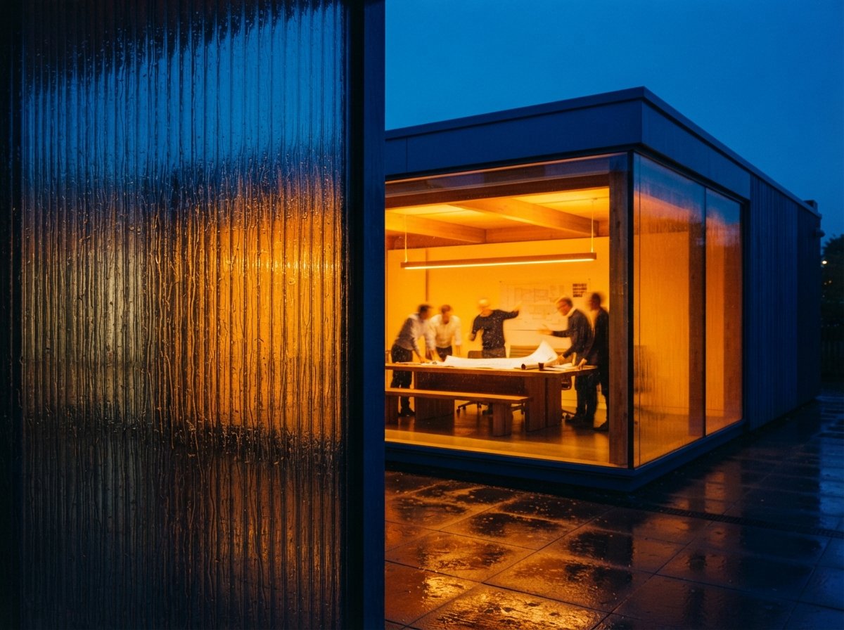 View through rain-beaded fluted glass of silhouetted architects meeting in a brightly lit glass conference pavilion.