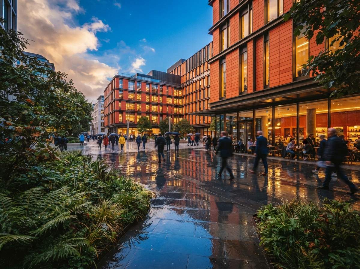 A rain-washed urban plaza reflecting cobalt sky and terracotta building panels through wet foreground flora.