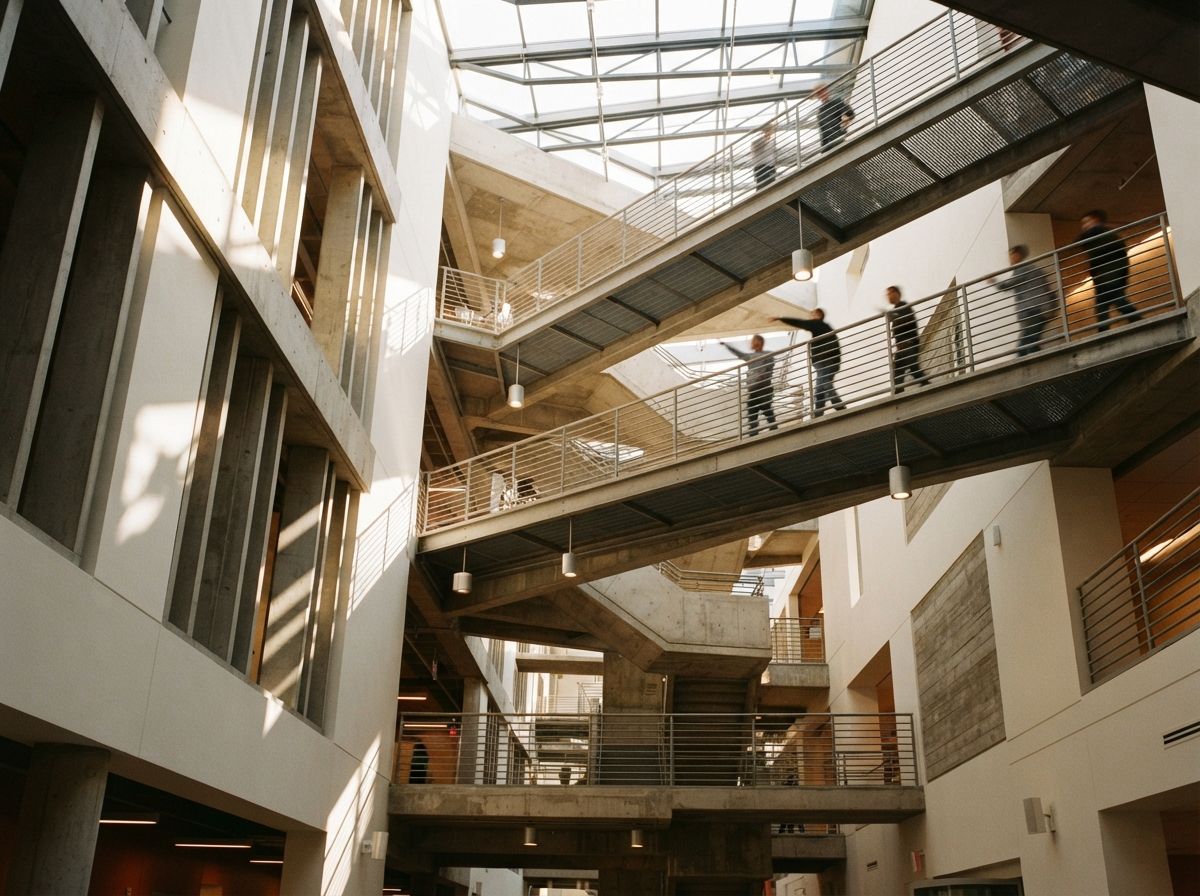 A multi-story concrete atrium illuminated by sharp morning sun shafts with silhouetted figures on upper catwalks.