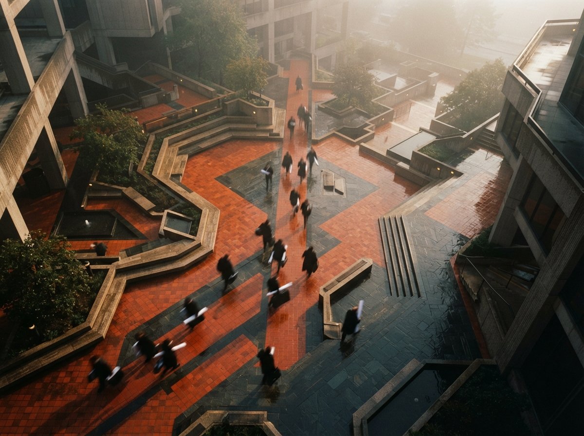 An overhead drone perspective of a geometric terracotta courtyard veiled in morning fog.