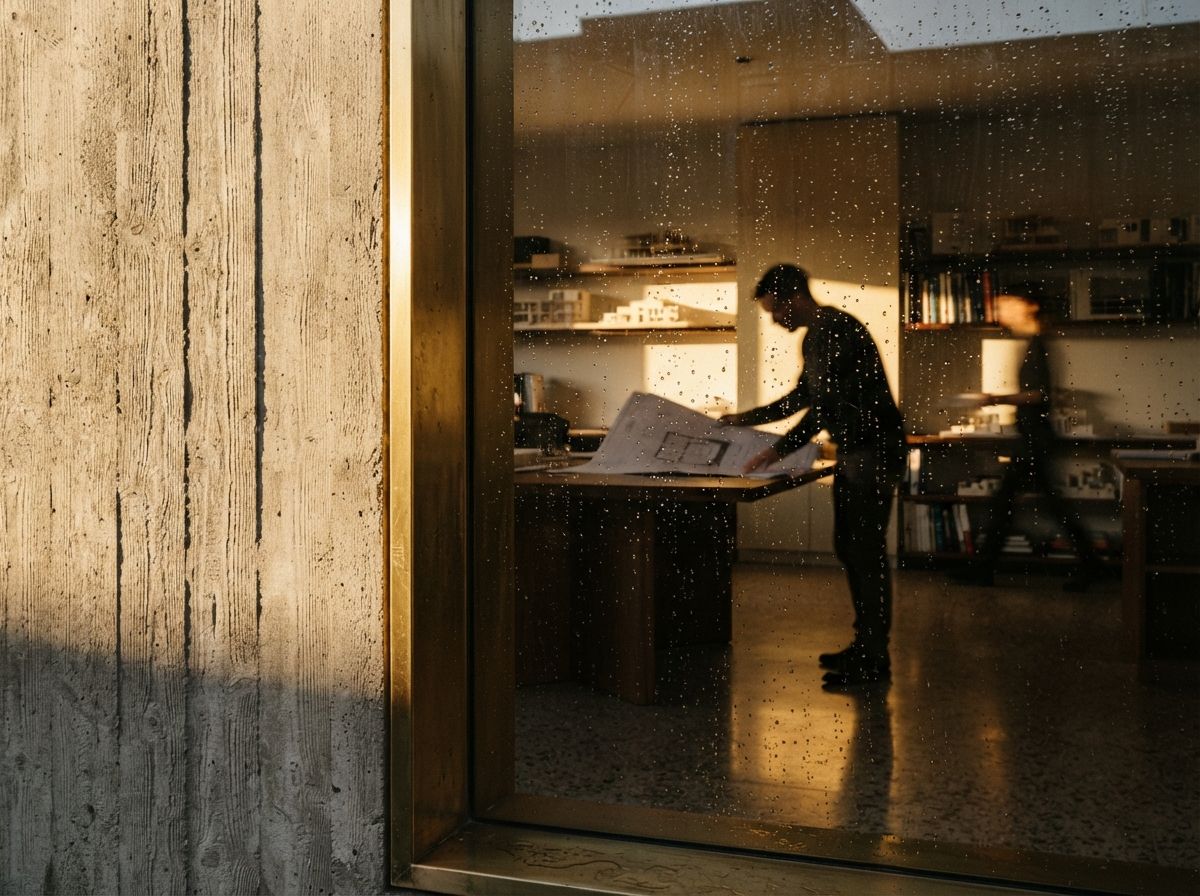 A close-up photograph through wet glass highlighting concrete texture and golden light reflections.
