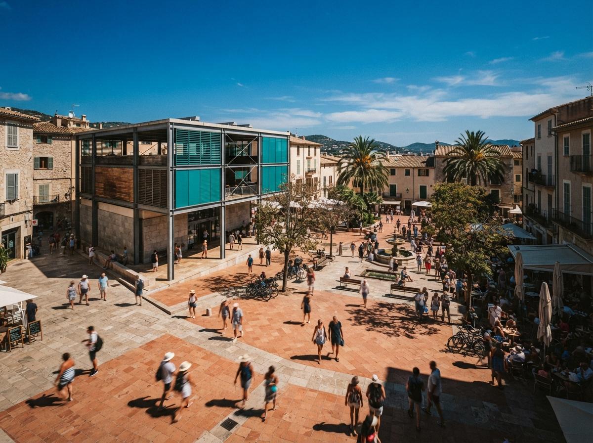 High-angle view of a sunlit Mediterranean public plaza with bold cobalt skies, bright terracotta paving, and dramatic human shadows.